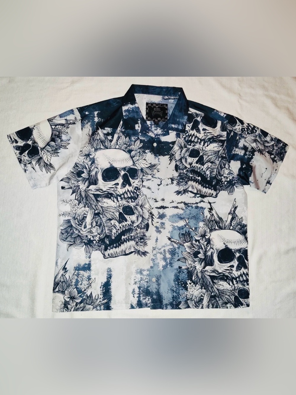 Rebel Vengeance Skulls Goth Short Sleeve Button Up Shirt 100% Poly 3XL New Sick